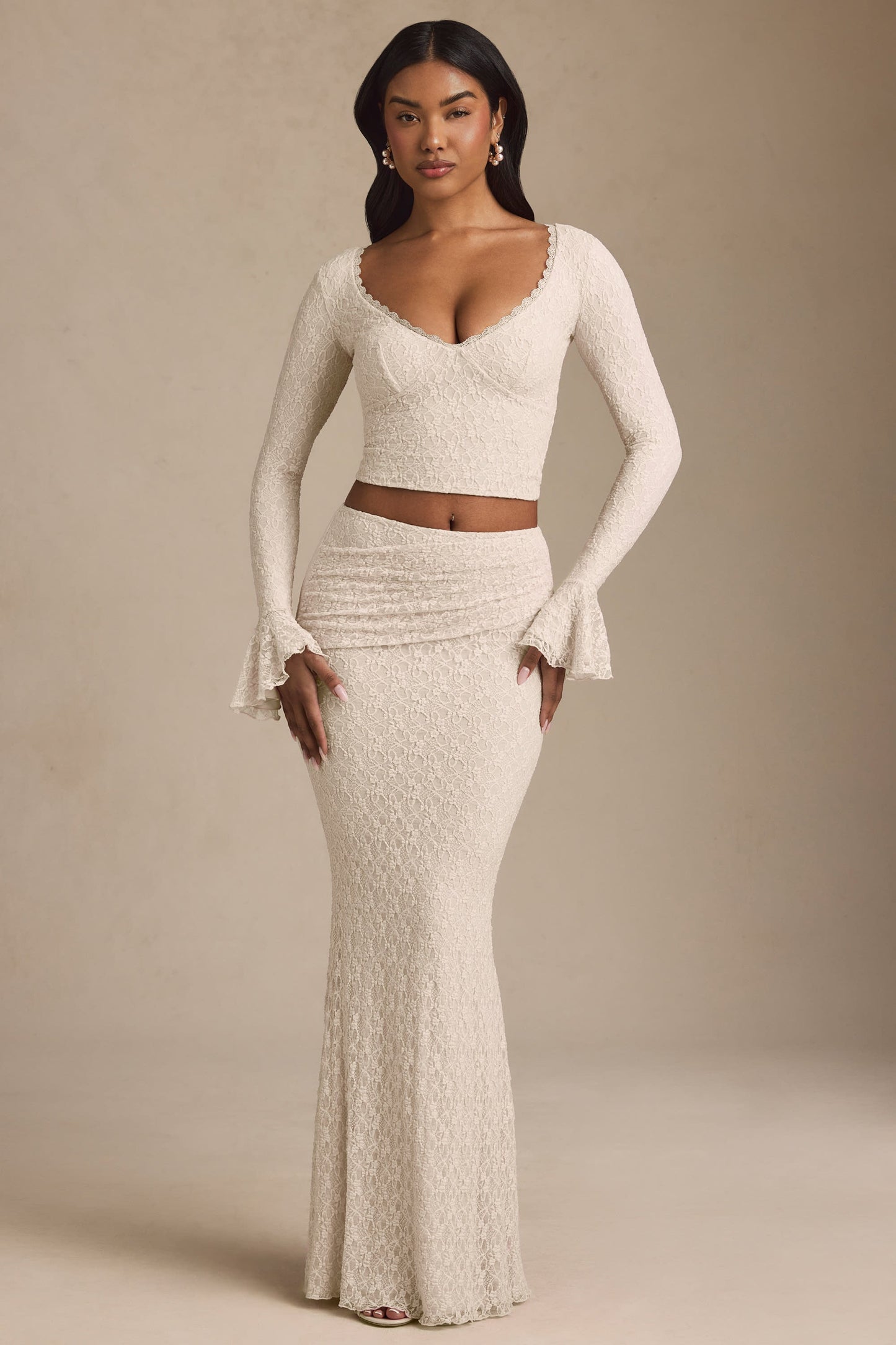 Ruffle Long-Sleeve Lace Top in Ivory