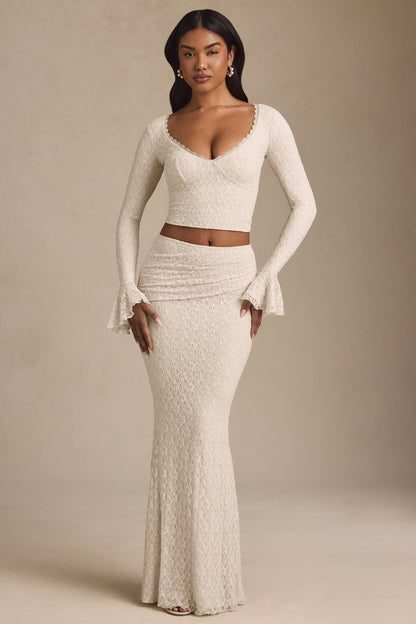 Ruffle Long-Sleeve Lace Top in Ivory