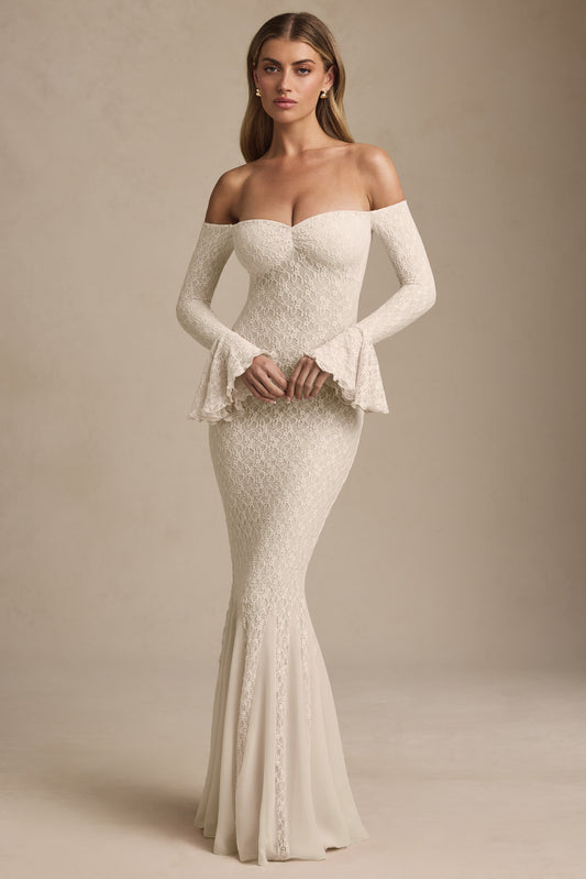 Off-Shoulder Ruffle Lace Maxi Dress in Ivory